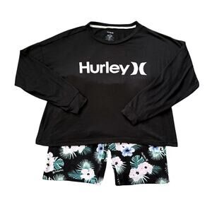 Hurley Black/Pink Floral Print Shirt Pants Pajama Set Womens Size L